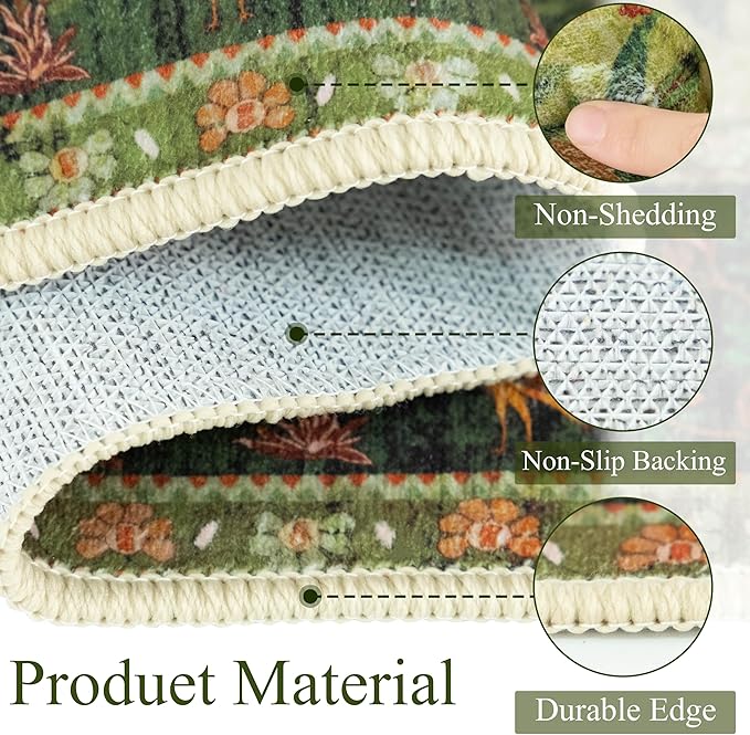 Green Area Rug 3x5 Washable, Non-Slip Small Rug Carpet, Floral Boho Low Pile Soft Throw Rugs for Entryway, Bedroom, Kids Room, Dorm, Office, Nursery, Vintage Home Decor