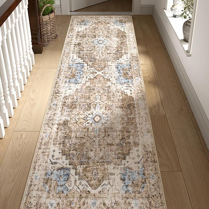 jinchan Kelda Runner Rug 3x8 Washable Rug Soft Hallway Runner Indoor Vintage Print Floor Cover Retro Distressed Lightweight Non-Slip Thin Carpet for Bathroom Kitchen Living Room Bedroom Brick Red