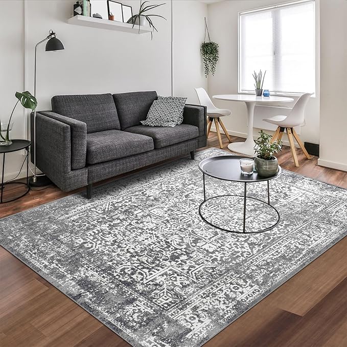 vivorug 9x12 Area Rugs, Stain Resistant Washable Rug for Living Room, Vintage-Inspired Grey Rug