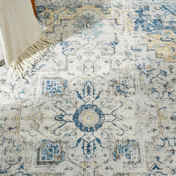 jinchan Area Rug 8x10 Washable Living Room Rug Vintage Indoor Large Floor Cover Distressed Lightweight Non-Slip Low Pile Thin Mat Stain Resistant Carpet for Bedroom Dining Room Office Light Blue