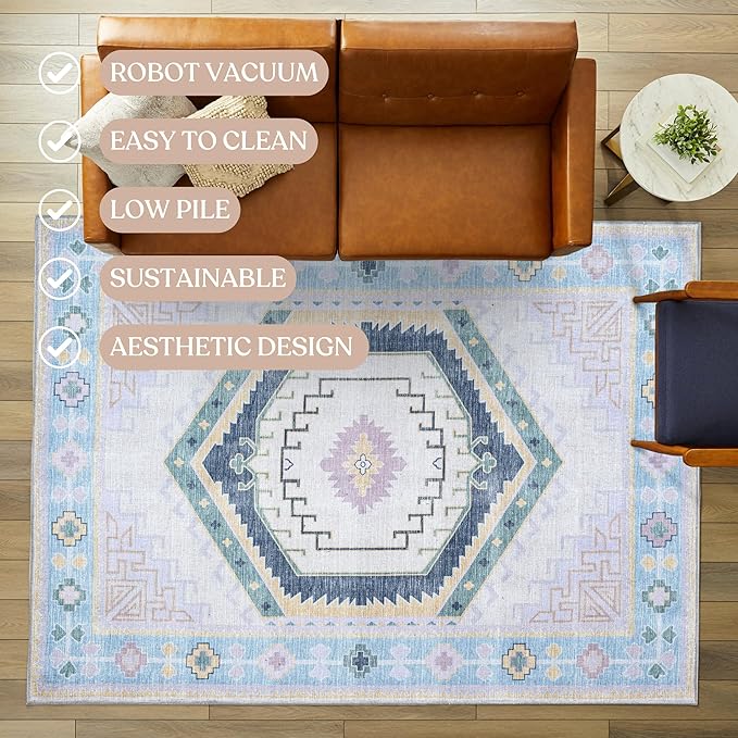 Fame Living Washable Area Rug. Modern Farmhouse. Vintage. Turkish. Bohemian. Distressed. Oriental. Traditional. Rugs for Living Room. Dining. Bedroom. Office. Entryway. Foyer. (856PBl, 2'5" x 6'5")