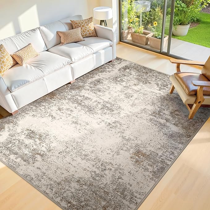 5x8 Washable Area Rugs - Modern Abstract Rugs for Living Room Non-Slip Low Pile Soft Machine Washable Carpet for Bedroom, Dining Room, Nursery, Home Office, Farmhouse (5'x8' Brown Grey)