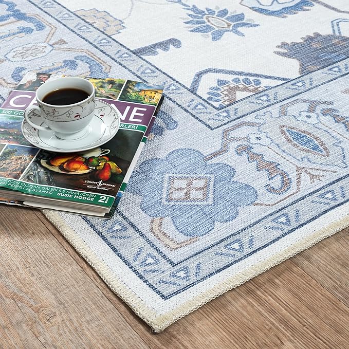 Fame Living Cream Blue Oushak Rug, Modern, Vintage, Turkish, Eclectic, Floral, Pastel, Washable, Area Rugs for Living Room, Dining, Bedroom, Nursery, Girls, Boys, 5'9"x8'9"