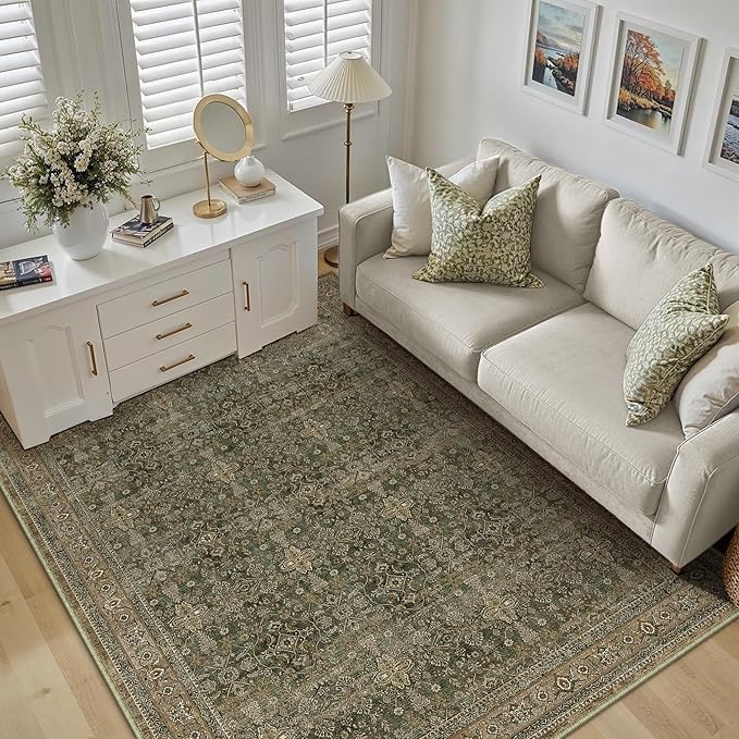 Entryway Area Rug 4x6 Green Brown Vintage Washable Office Carpet Traditional Distressed Indoor Entry Soft Non Slip Small Door Mat Retro Low Pile Thin Rug for Kitchen Laundry Bedroom