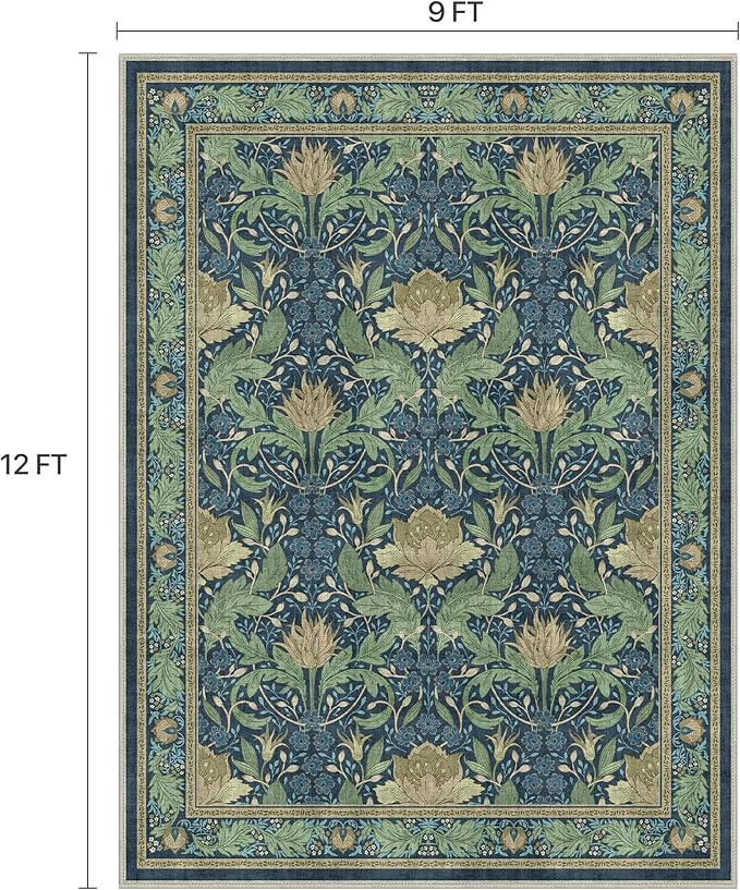 Bavni 9x12 Area Rugs, Floral Machine Washable Rugs for Living Room, Dinning Room, Bedroom, Non Slip Aesthetic Vintage Low Pile Durable Lightweight Farmhouse Rug, Tea Green/Blue