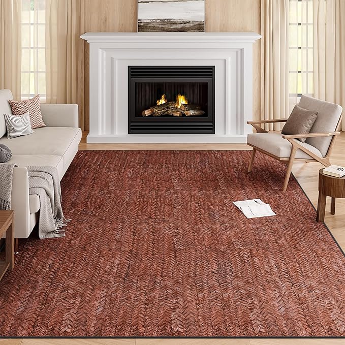 Eleisa Modern Vintage 8x10 Herringbone Chevron Area Rug for Living Room, Wine & Red, Non-Slip Stain Resistant Washable Rug, Farmhouse Home Decor Carpet for Bedroom, Kitchen, Dining Room
