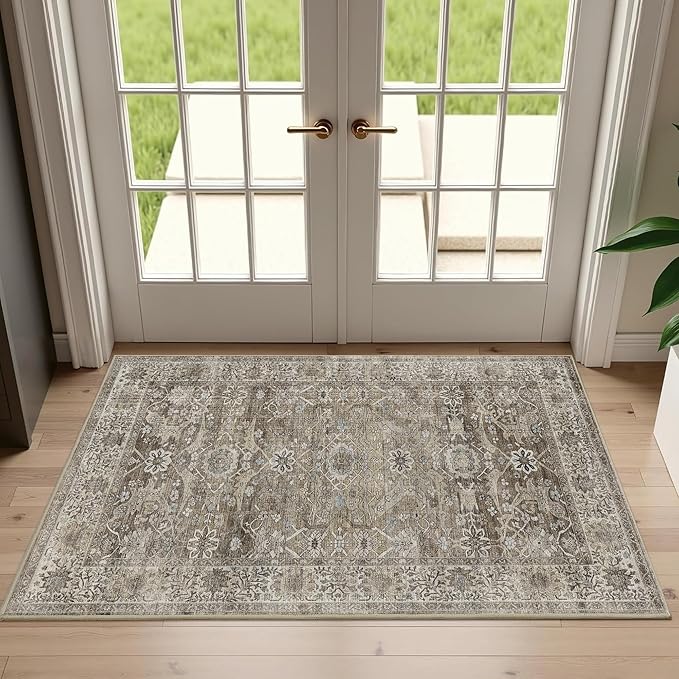 2x3 Entryway Rug Brown Grey Washable Vintage Rugs for Entryway Kitchen Low Pile Non-Slip Door Mat Traditional Distressed Small Throw Carpet for Kitchen Entrance Bathroom Antique/Moss