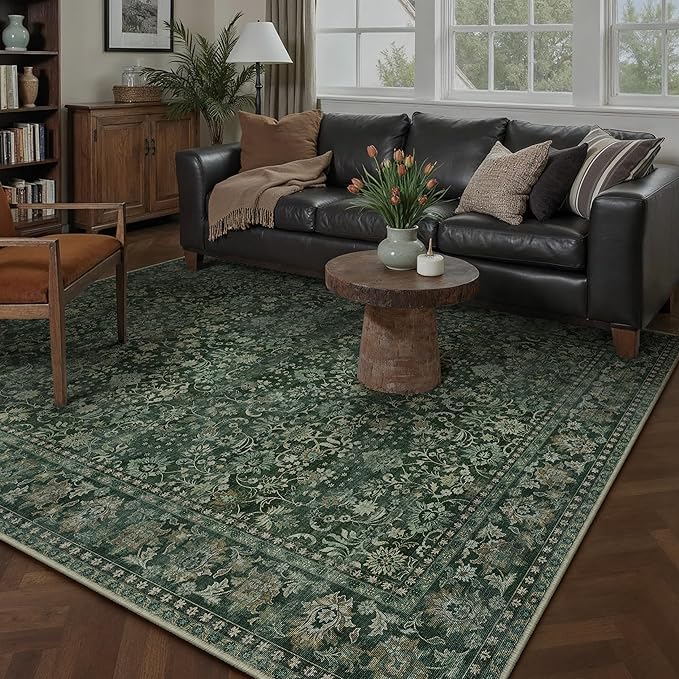 HUGEAR 6x9 Machine Washable Rugs Dark Green Hallway Large Area Rug Indoor Accent Rug Floral Low Pile Carpet Soft Throw Aesthetic Rug Bedroom Living Room Office Dining Room Kitchen Laundry Room