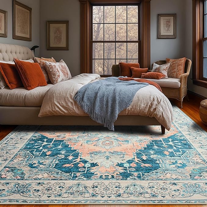 YJ.GWL Area Rugs for Living Room 5x7 Machine Washable Rugs, Non Slip Floral Vintage Rug Indoor Carpet, Stain Resistant Large Rug for Bedroom Dining Room, Dark Blue