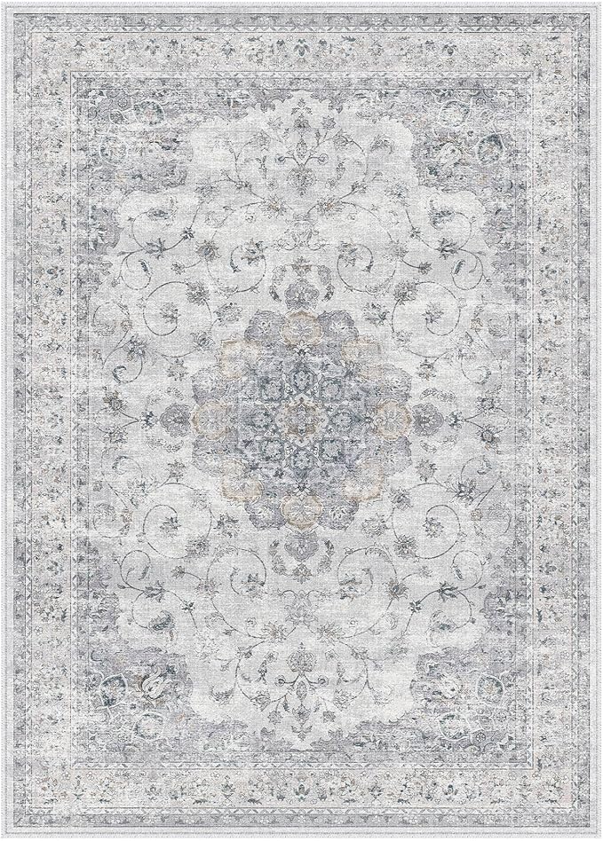 HUGEAR Machine Washable Area Rugs 5x8 Vintage Blue Living Room Bedroom Rug Neutral Style Non Slip Stain Resistant Low Pile Throw Carpet for Office Home Retro Aesthetic Modern Decor