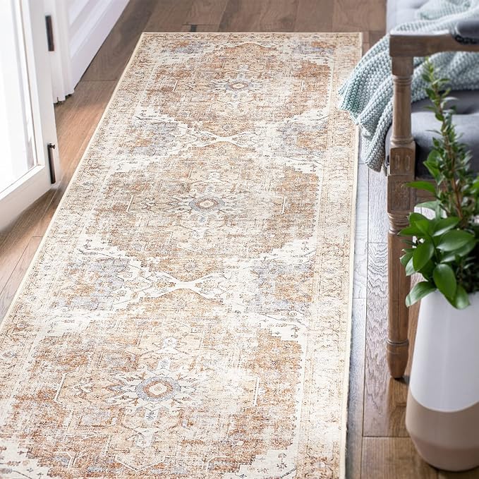 jinchan Runner Rug 2x6 Hallway Rug Kitchen Washable Runner Vintage Mat Retro Print Lightweight Non-Slip Accent Floor Cover Distressed Thin Carpet for Entryway Bathroom Bedroom Laundry Room Brick Red