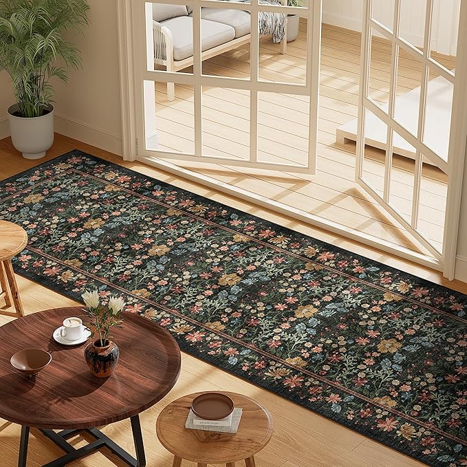 DUKINO 2.6x8 Runner Rug for Hallway, Washable Vintage Floral Kitchen Rug with Non Slip Backing, Soft Low Pile Throw Carpet Runner for Kitchen, Laundry, Hallway, Bathroom, Black