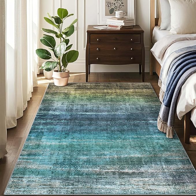 Kokia Abstract Washable Area Rug Living Room Washable 4x6 Non-Slip Stain Resistant Bohemian Rug Soft Indoor Vibrant Blue Carpet for Bedroom Room Decor, Oslo Teal