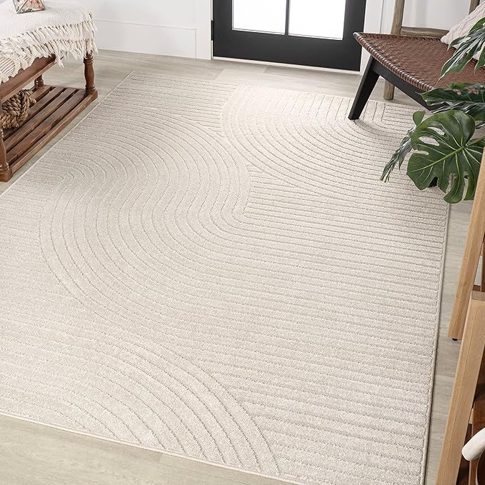 JONATHAN Y Hallie High-Low Curve Ivory/Cream Indoor/Outdoor Area Rug, 12x15, Minimalist, Pet Friendly, Non-Shedding, Stain Resistant, Hose-Washable for Backyard, Patio, Porch (SCN100B-15)