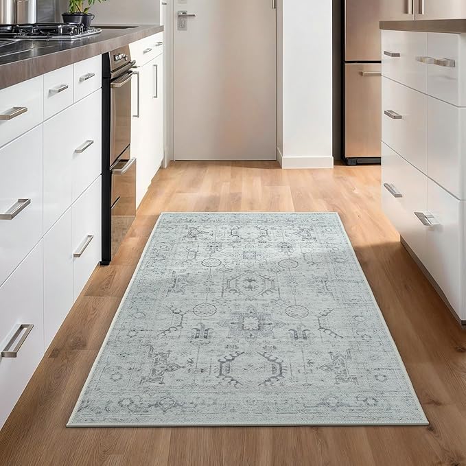 GLN Rugs Traditional Collection - Machine Washable Area Rug, Traditional Washable, Non Slip, Low Pile Chenille Rug, Living Room, Bedroom, Kitchen Rug (2'6" x 7' Cream/Gray/Sea Salt)
