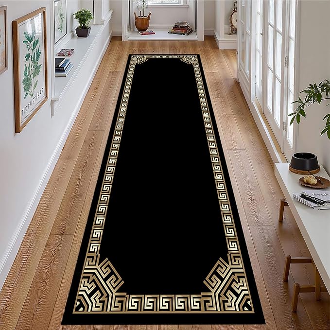 Greek Key Runner Rugs, 1.3x7ft, Vintage Traditional Tribal Black and Gold Color Stain Resistant Long Rug Runners, Entryways Non Slip Washable Sturdy Room Decor Mat for Kitchen Bedroom