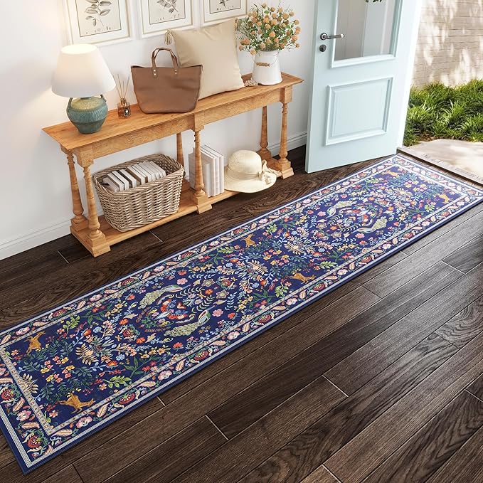 Rugcomf Runner Rug Washable Kitchen Runner 2'6''x8' Runner Rug for Entryway Indoor Floral Non-Slip Soft Carpet Runner for Hallways, Kitchen, Laundry, Bedroom, Bathroom(Blue)