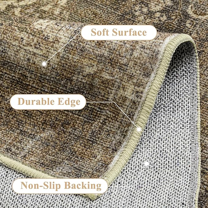 Vintage Area Rug 9x12 Washable Brown Living Room Carpet Large Indoor Non Slip Bedroom Low Pile Kitchen Distressed Retro Accent Throw Rug for Dining Room