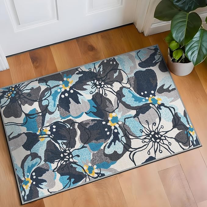 Rugshop Modern Large Floral Non-Slip (Non-Skid) Area Rug 20" X 30" Gray-Blue