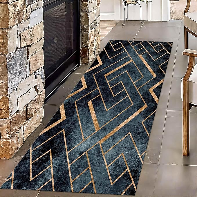 Navy Blue Gold Geometric Rug Runners for Hallways, 2x10ft, Modern Gold Line Indoor Carpet, Minimalist Art Durable Fade Resistant Rugs, Anti-Skid High Traffic Rugs for Kitchen LaundryRoom