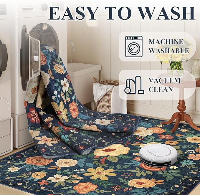 DUKINO 2x5 Runner Rug for Hallway, Washable Kitchen Floral Runner Rug with Non Slip Backing, Low Pile Soft Boho Carpet for Kitchen, Hallway, Entryway, Laundry, Bedroom, Navy Blue