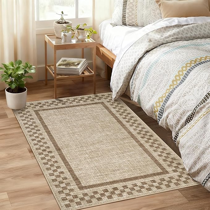 Small Area Rug 2x3 Modern Checkered Entry Rug Solid Color Scalloped Kitchen Rugs Washable Bedroom Doormat Non Slip Stain Resistant Bordered Throw Carpet for Living Room Nursery Laundry, Taupe