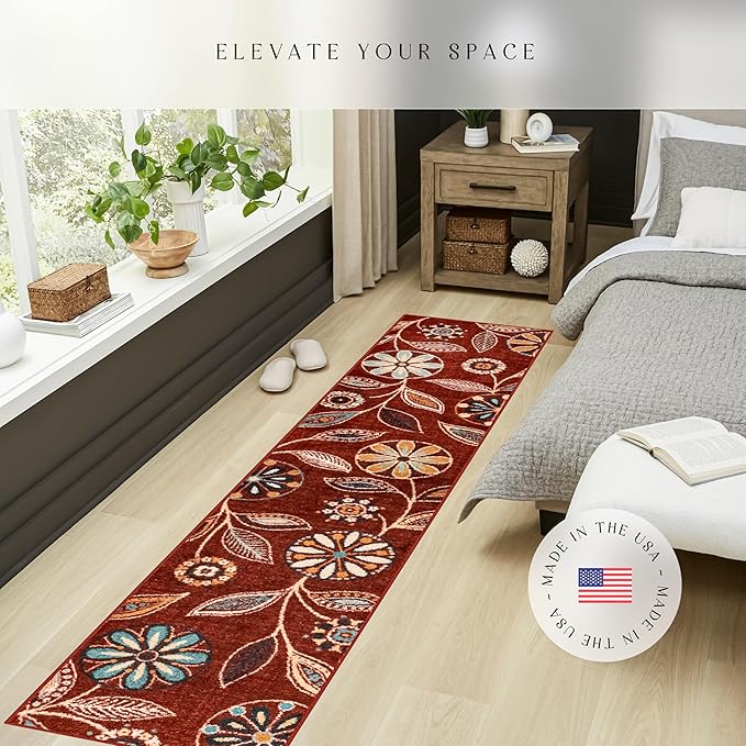 Maples Rugs Reggie Floral Runner Rug - Made in USA - Washable, Non Slip Indoor Carpet for Kitchen, Hallway, and Laundry Room, 2' x 10', Merlot