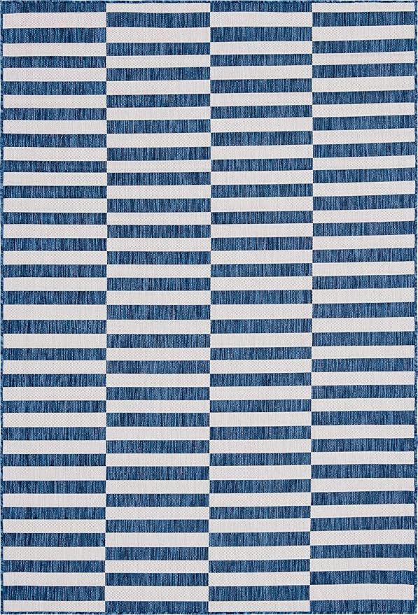 Unique Loom Outdoor Striped Collection Area Rug - Striped (6' 1" x 9' Rectangle, Blue/Ivory)