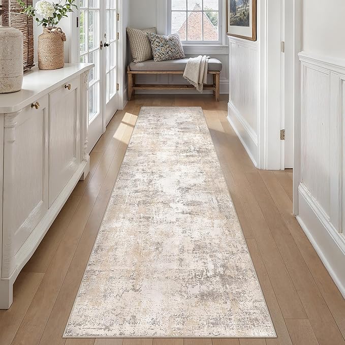2x12 Washable Runner Rug Beige Grey Abstract Hallway Kitchen Throw Rug Neutral Modern Non Slip Soft Low Pile Carpet for Bathroom Laundry Bedroom Living Room