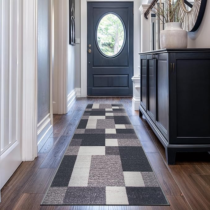Rugshop Modern Boxes Design Non-Slip (Non-Skid) Carpet for Hallway,Entryway,Kitchen Runner Rug 2'7" x 8' Gray