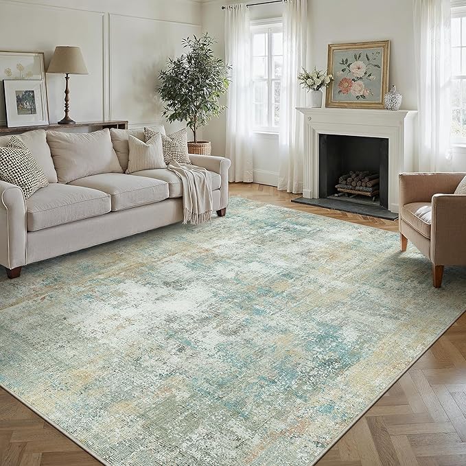 10x14 Area Rug Teal Beige Abstract Living Room Bedroom Washable Carpet Neutral Modern Non-Slip Soft Low Pile Lightweight Vacuumable Large Throw Rug for Dining Room
