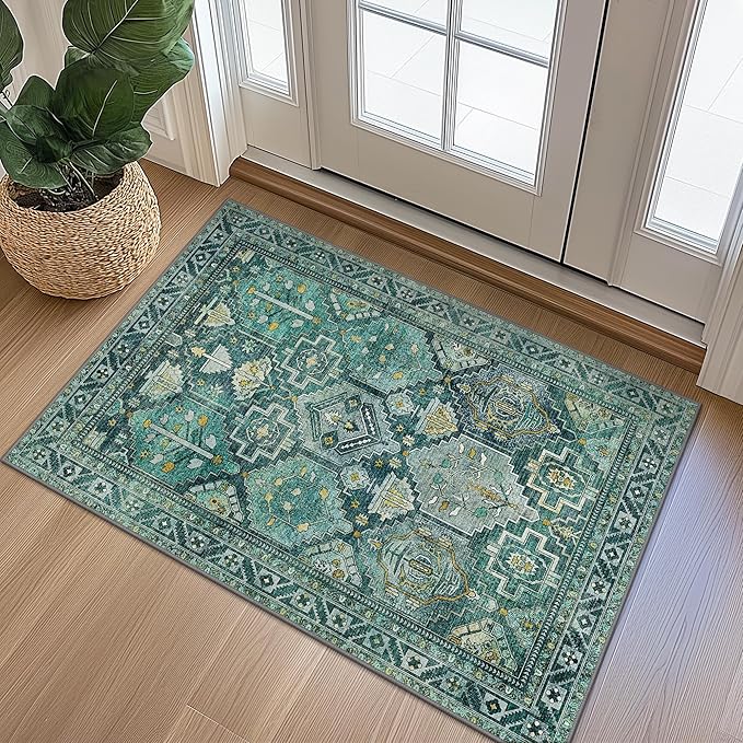 Bavni 2x3 Entryway Rug Bathroom Rugs for Front Door Bedroom Bathroom Kitchen, Washable Vintage Print Carpet, Ultra-Thin Chenille Lightweight Rug with Non Slip Backing, Dark Green