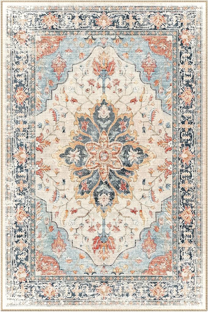 Area Rugs 3'x8' Washable Non-Slip, Floral Vintage Distress Print Pattern Medallion Carpet for Living Room Bedroom Dining Room, Beige Navy Blue Orange Colorful