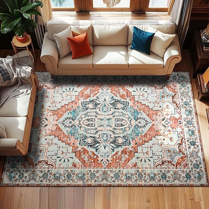YJ.GWL Area Rugs for Living Room 6x9 Machine Washable Rugs, Non Slip Floral Vintage Rug Indoor Carpet, Stain Resistant Large Rug for Bedroom Dining Room, Copper Tan