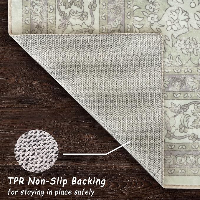 vivorug Sage Green Runner Rug 2x10 Machine Washable Rug with Non-Slip Backing, Ideal for Kitchen Hallway Entryway Laundry Room - Vintage, Durable, Easy Clean, Low Pile Carpet Runner