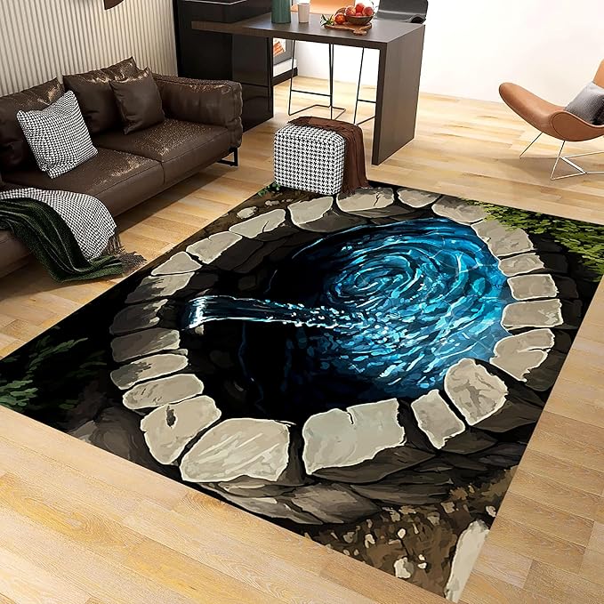 3D Well Waterfall Bedroom Carpet, 5x7ft, Visual Illusion Deep Hole Entrance Rug, Huge Stone Cracks Non-Slip Rugs, Cozy Breathable with Non Slip Backing Mat for Indoor Bedside