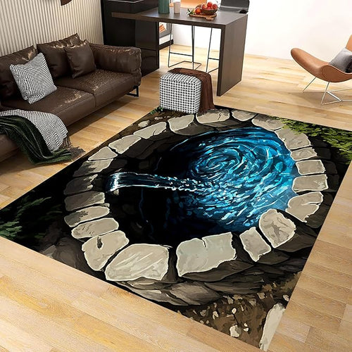 3D Well Waterfall Bedroom Carpet, 3x5ft, Visual Illusion Deep Hole Entrance Rug, Huge Stone Cracks Non-Slip Rugs, Cozy Breathable with Non Slip Backing Mat for Indoor Bedside
