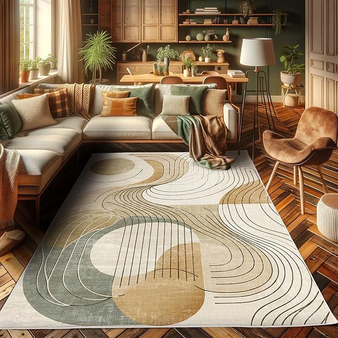 Ambesonne Modern Boho Decorative Rug, Abstract Geometry Earth Tones Swirls and Rounds Mid Century Details, Quality Carpet for Bedroom Dorm and Living Room, 2' x 5', Tan Beige Grey Teal