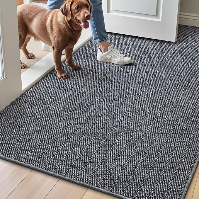 LUMI Ultra Thin Indoor Door Mat for Entrance 32"x48", Non Slip Entryway Mat, Low Profile Doormat, Unique Herringbone Design Carpet for Inside, Patio, Porch, Medium Gray