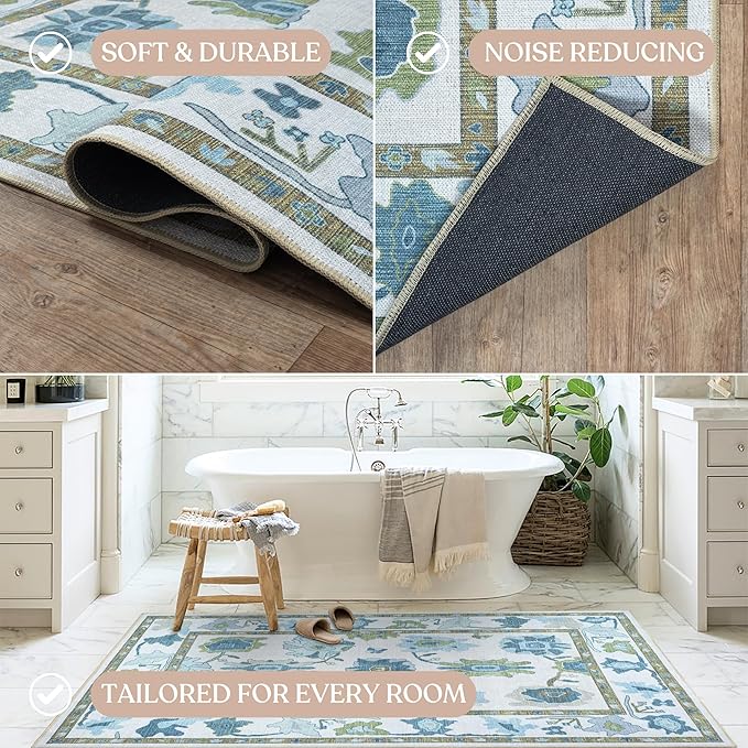 Fame Living Green Oushak Runner Rug, Modern Runners, Vintage, Turkish, Eclectic, Floral, Pastel, Washable, Long Runner Rugs for Hallway, Kitchen, Living Room, Bedroom, Kitchen, Bathroom, 2'5"x13'