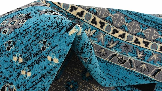 Unique Loom Taftan Collection Border Geometric Tribal Inspired Design Area Rug (8' 0 x 8' 0 Square, Turquoise/ Gray)