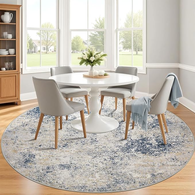 6ft Washable Round Rug - 6x6 Area Rugs Modern Abstract Rugs for Living Room Non-Slip Low Pile Soft Machine Washable Carpet for Bedroom, Living Room, Dining Room, Nursery, Farmhouse (6'x6' Beige Blue)