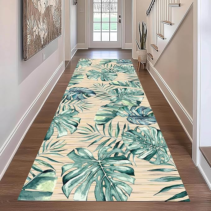 Tropical Palm Leaf Runner Rug 2x6 ft - Green Plant Pattern Non-Slip Rug, Stain Resistant Easy Clean for Hallway, Living Room, Bedroom Floor Mat