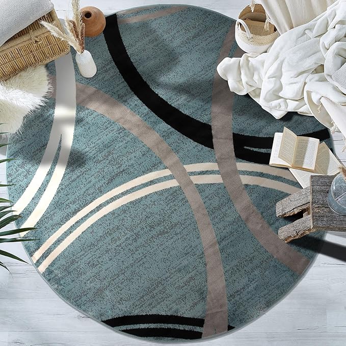 Rugshop Modern Wavy Circles Design Round Rug, Carpet with Jute Backing for Living Room, Bedroom, or Playroom, Blue, 6'6" Round
