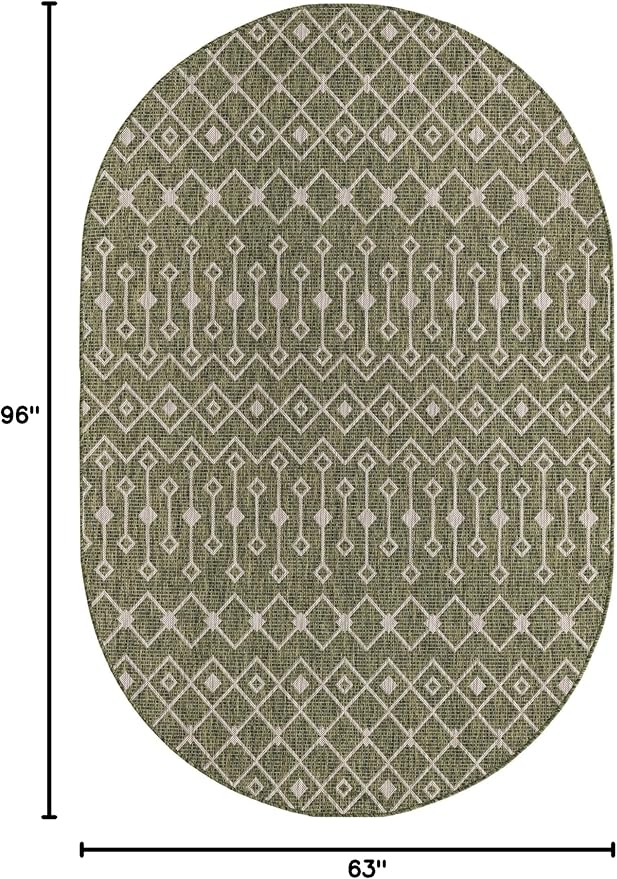 Unique Loom Outdoor Trellis Collection Area Rug - Tribal Trellis (5' 3" x 8' Oval, Green/ Natural)