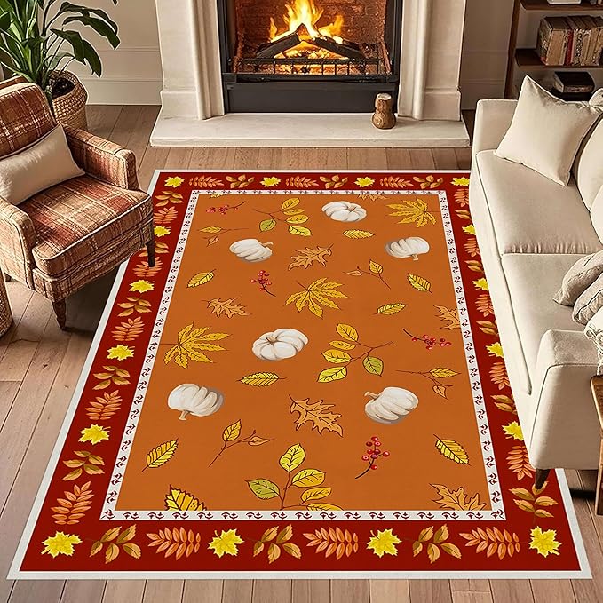 Fallen Leaves Carpet for Kitchen, 6x8ft, Autumn Pumpkins with Leave Orange Area Rug, Indoor Ultra-Thin Foldable Machine Washable Fun Pumpkin Bath Mat for Home Office Relax Room