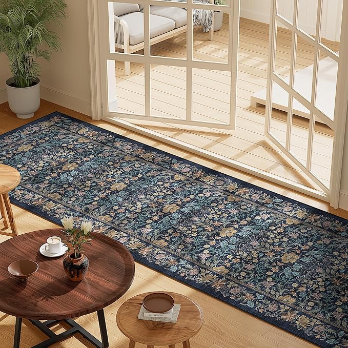 DUKINO 2x6 Runner Rug for Hallway, Washable Vintage Floral Kitchen Rug with Non Slip Backing, Soft Low Pile Throw Carpet Runner for Kitchen, Laundry, Hallway, Bathroom, Dark Blue