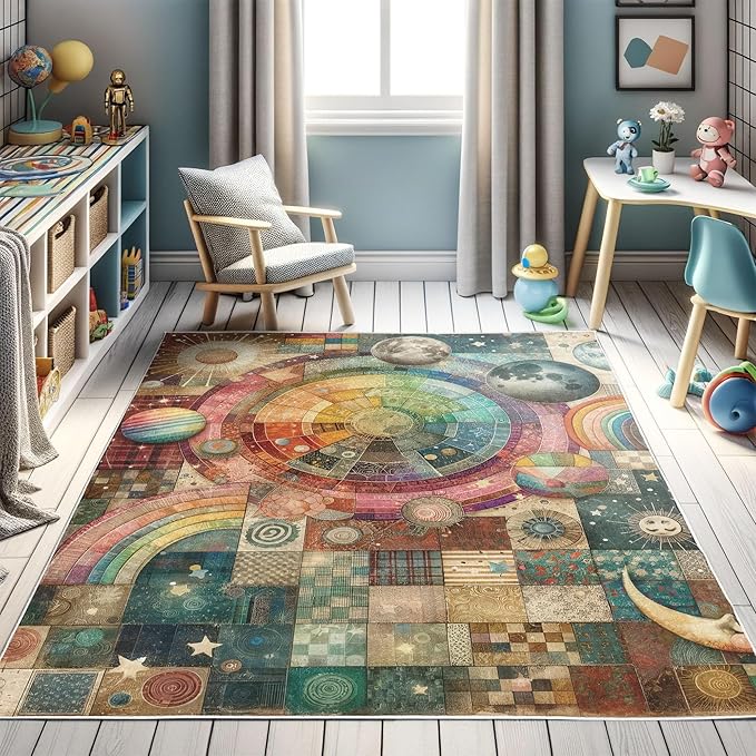 Ambesonne Planets Decorative Rug, Vintage Patchwork Ornaments and Outer Space Globes Pattern Colorful Design Print, Quality Carpet for Bedroom Dorm and Living Room, 2' 2" x 3' 7", Multicolor