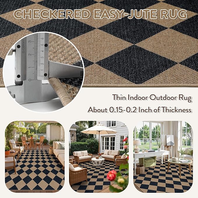 Lahome Checkered Easy Jute Carpet, Washable 8x10 Rugs for Living Room Outdoor Patio Rugs, Farmhouse Neutral Non Slip Stain Resistance Floor Carpet for Office Backyard Sunroom