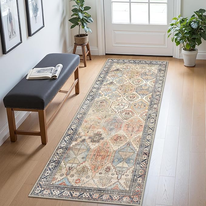 Bavni Washable Rug 8x10 Area Rug for Living Room Bedroom Dining, Washable Vintage Print Carpet, Ultra-Thin Low Pile Lightweight Rug with Non Slip Backing, Multi Beige